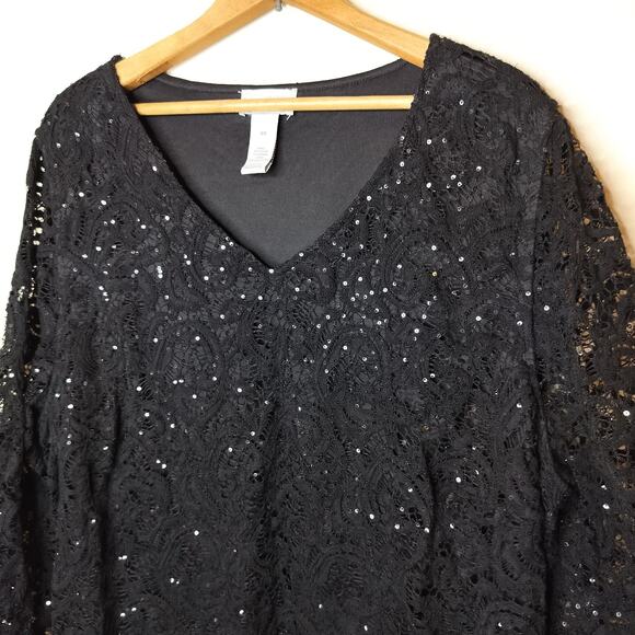 Catherines Black Lace Tunic Sequins Bell Sleeve V Neck - Picture 6 of 9